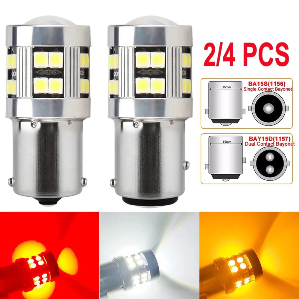 2/4 PCS CANBUS 1156 BA15S 1157 BAY15D LED Bulb 12V 3030-24SMD 6500K White Yellow Red Car Tail Brake 1005008449229206