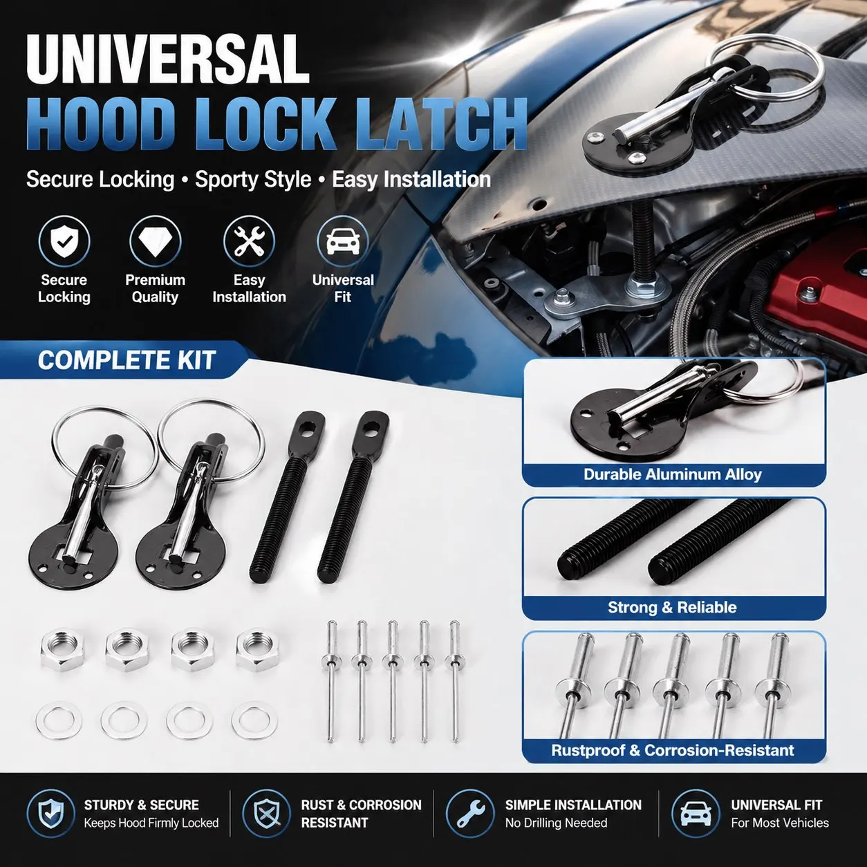 Universal Hood Pin Kit Bonnet Pins Lock Latch Aluminum Racing Catch Key Locking Car Accessories 1005012593476167
